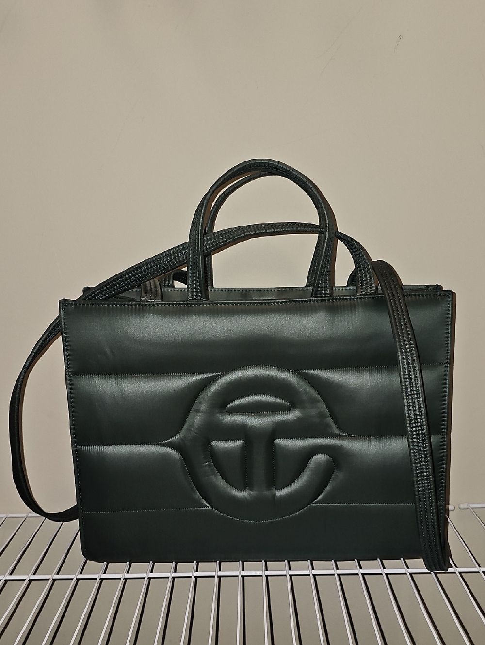 Telfar Dark Green Quilted Satchel with Embossed Logo